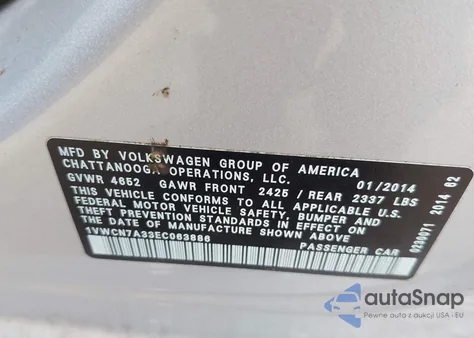 2014 Volkswagen Passat 2.0L Tdi Sel Premium из США, поврежденный, VIN 1VWCN7A33EC063886